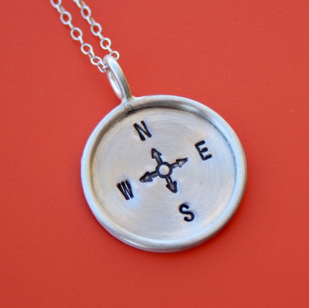 Compass - Hand Stamped Sterling Disc with Longitude & Latitude - Stamping on BOTH Sides