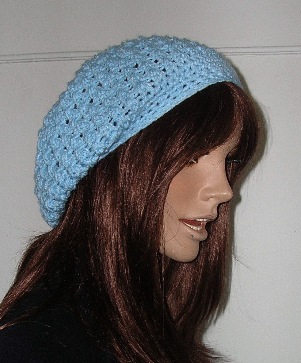 Soft Blue - Slouchy Beret - Rasta Crochet Hat - Fun Criss Cross Stitch