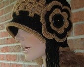 Flapper Cloche - Crochet Hat - Vintage Button - Black and Tan