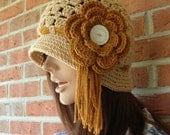 Flapper Fannie Meets Hippie Mama  - Crochet Hat - Vintage Button - Gold - Honey - Vintage Mother of Pearl Button