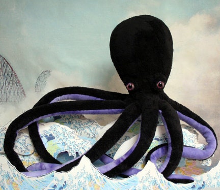 Large Plush Black Octopus Toy in  minky fleece Xplush Xsoft  Free Love  felt heart
