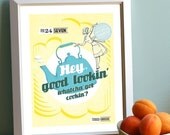 Hey Good Lookin' kitchen print - large size - yellow wall art blue teapot cream apron retro poster