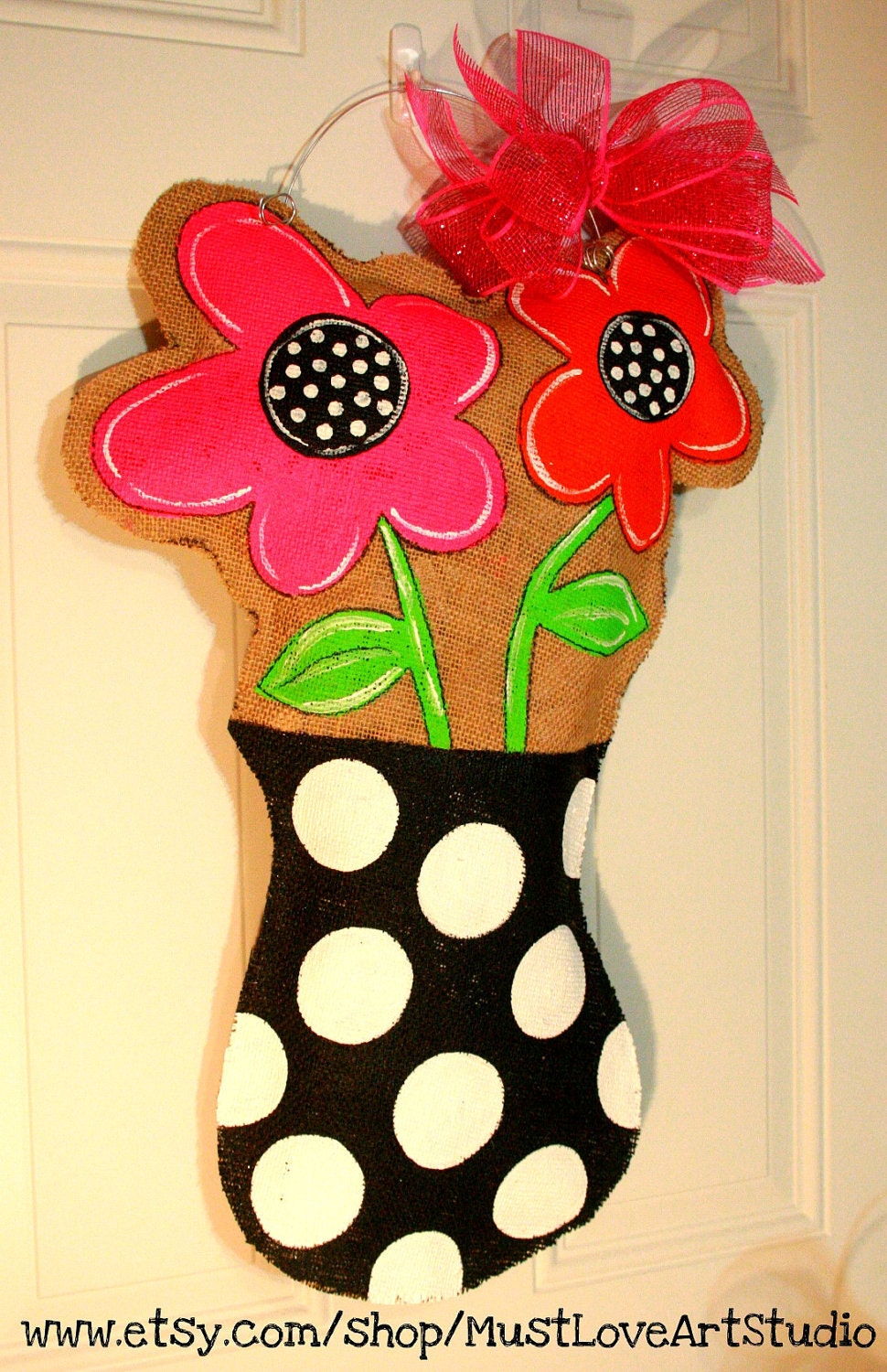 Flower Pot Mother's Day Burlap Door Hanger Decoration HUGE 2 ft - Spring Summer Polka Dots