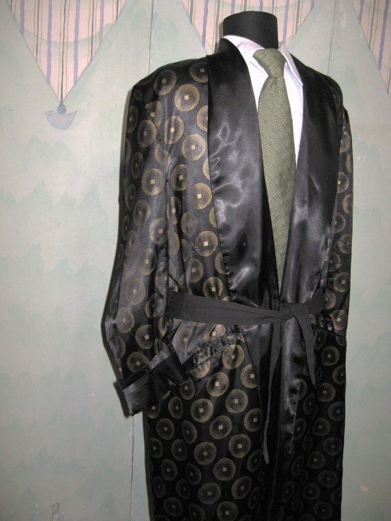 Vintage Black and Gold Mens smoking jacket Robe by vintageandmore