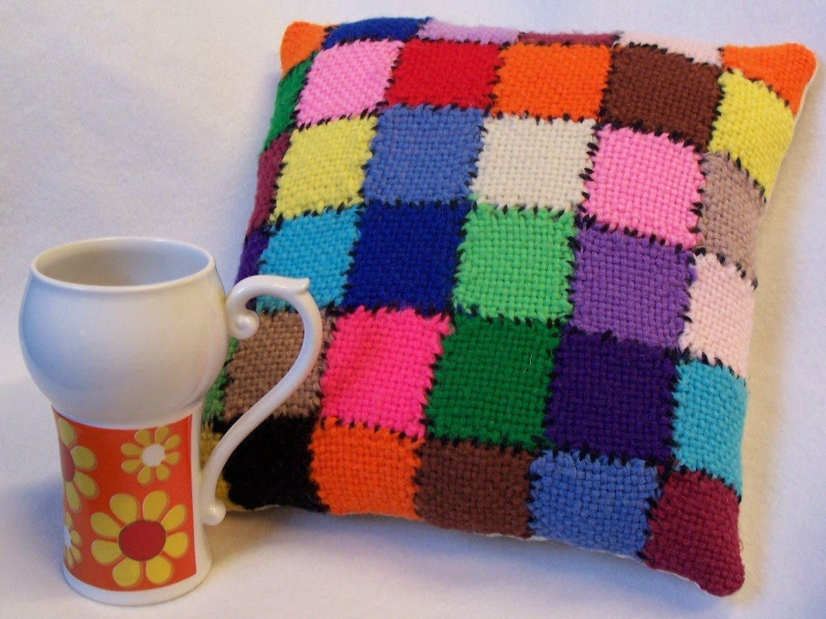 Weave It Quilt Pillow Retro Rainbow Bright Handmade 1970s 10 Inch Eye Candy Hippie Boho