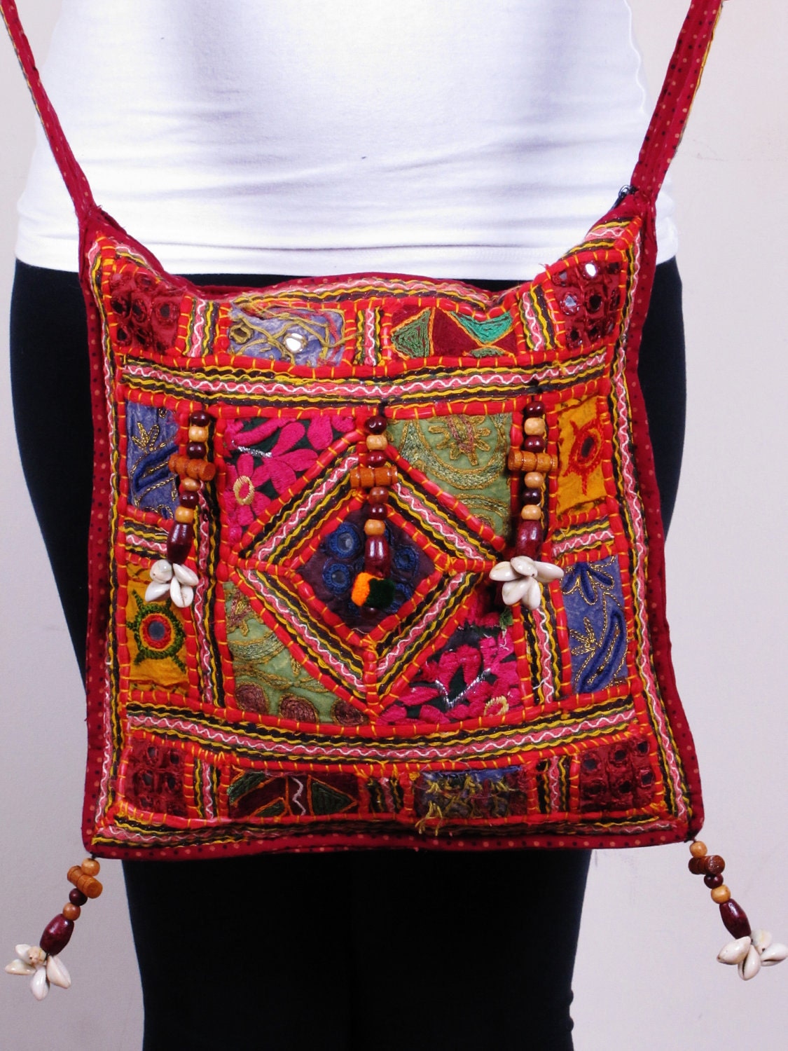 Vintage Ethnic Cotton Jeweled India Tribal Bohemian across body strap handle bucket tote shoulder bag handbag bag