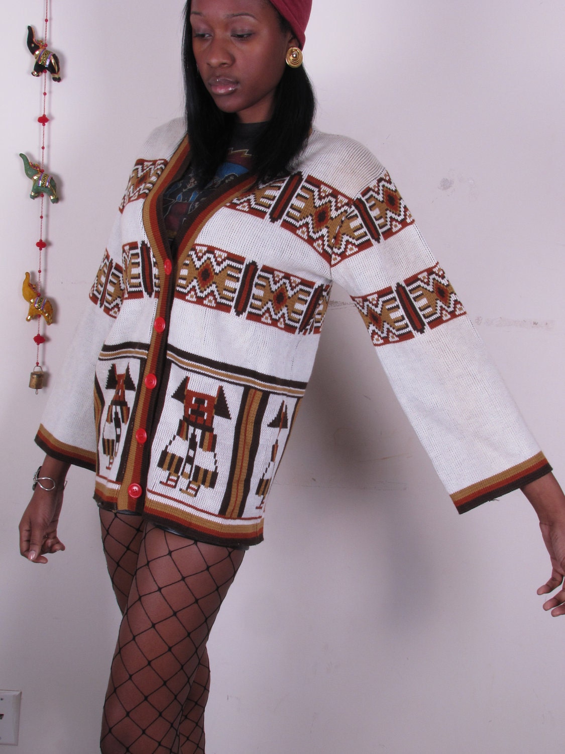 ViNtAgE 70's Ethnic Wool Hippie  BoHo Wrap Stripe Cardigan Sweater