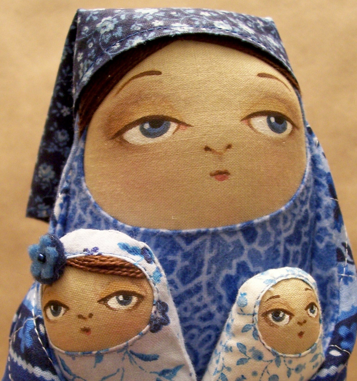Blue Babushka Mama and her children fabric Matryoshka Nesting Dolls