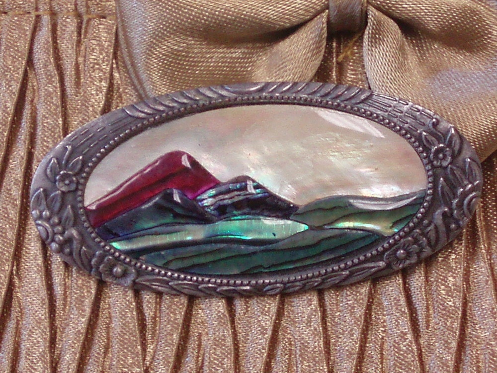 Vintage Art Nouveau Brooch  Designer Duri Mother of Pearl Abolone Shell Mountain Brooch