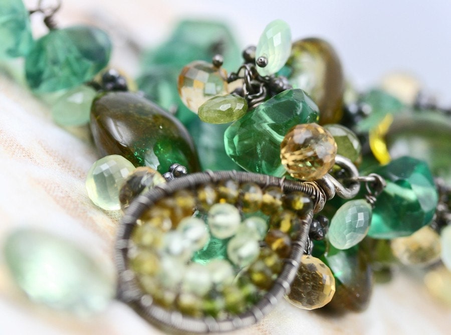 OoO SALE OoO - 60% off - Wire Wrapped Prehnite Citrine Fall Tourmaline Green Amethyst Fluorite Glass Lampwork Necklace - The Irish Eyes