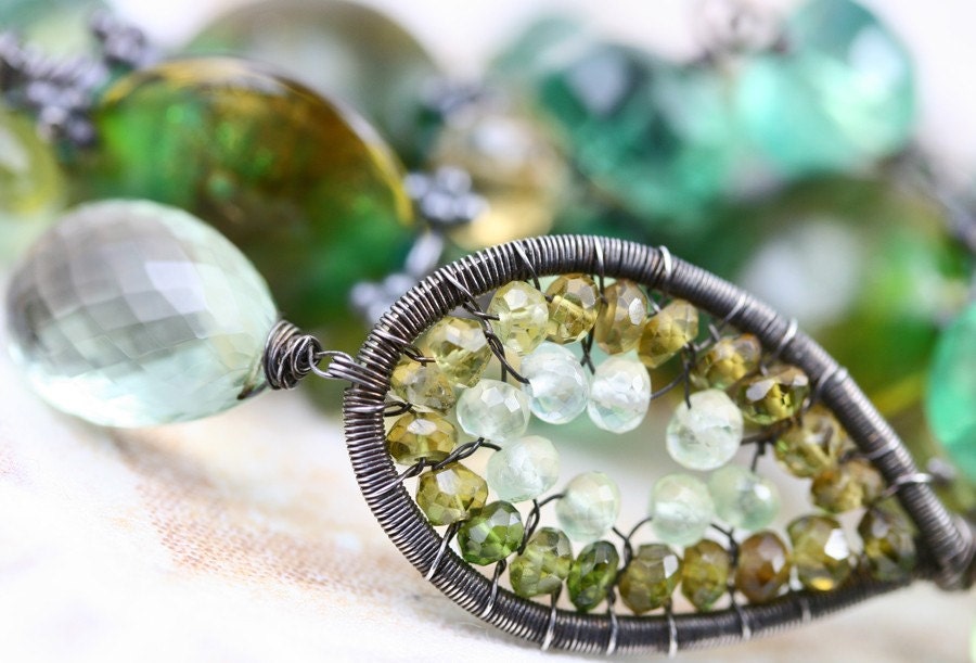 OoO SALE OoO - 60% off - Wire Wrapped Prehnite Citrine Fall Tourmaline Green Amethyst Fluorite Glass Lampwork Necklace - The Irish Eyes