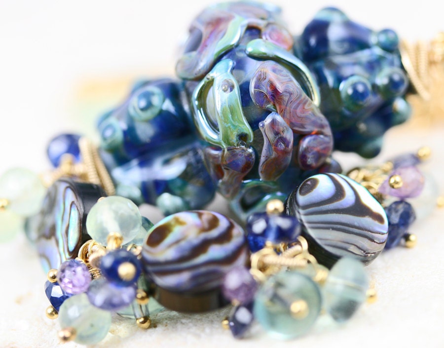 oOo SALE oOo - 60% off - Glass Lampwork Cluster Gemstone 14k Gold Fill Wire Wrapped Necklace - The Sea Maiden