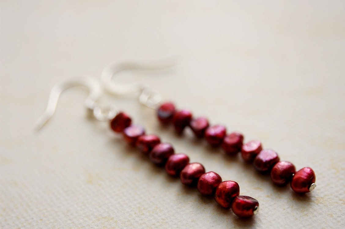 Burgundy Red Wine Pearl Stick Earrings. Burgundy Stacked Pearls.