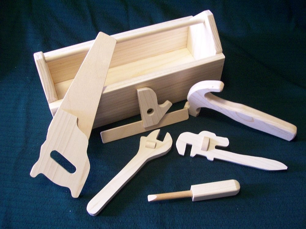 Wooden toy tool box with tool kit