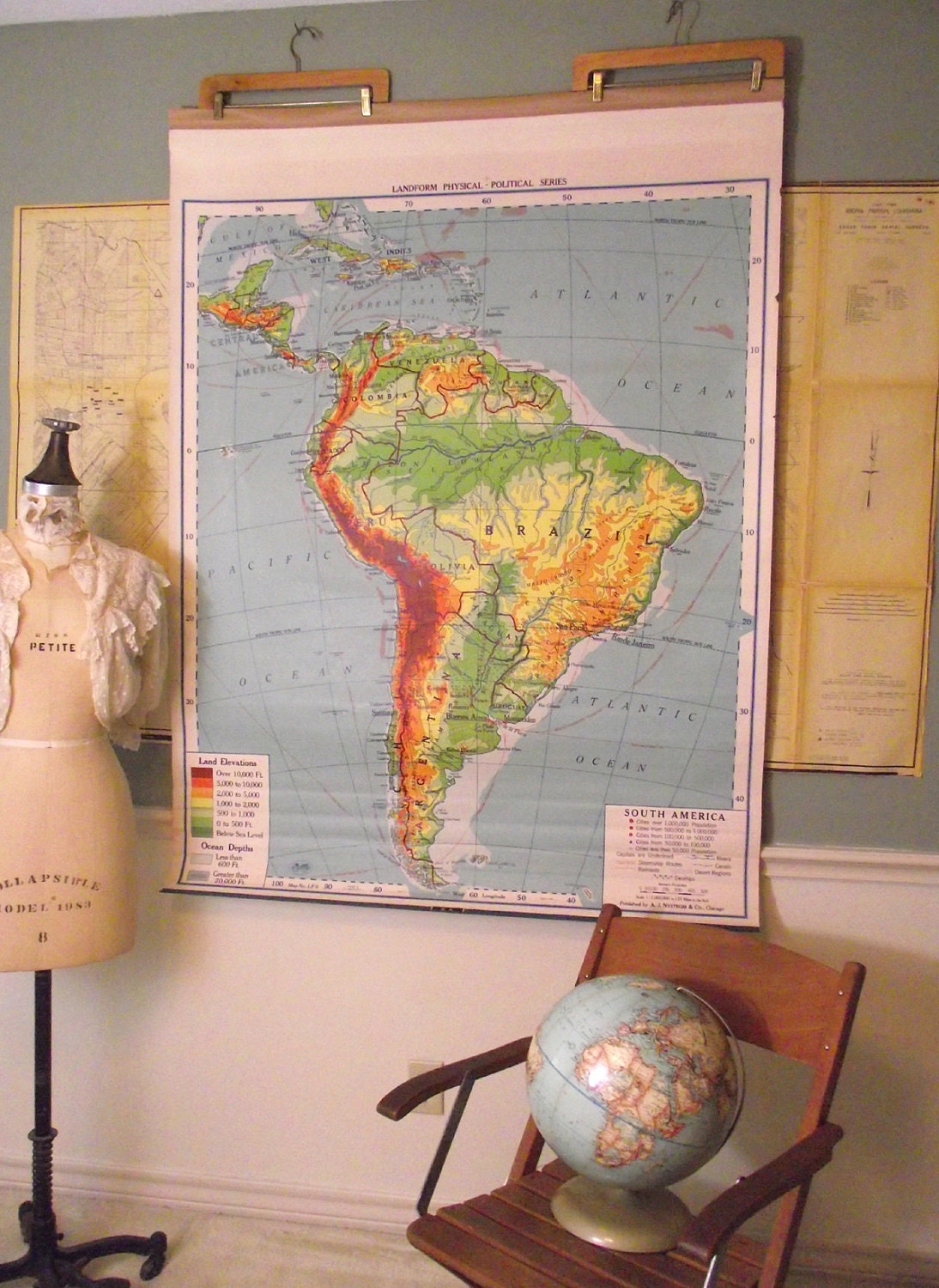 reserved for mariana Vintage Pull Down School Map south america Nystrom 1950s