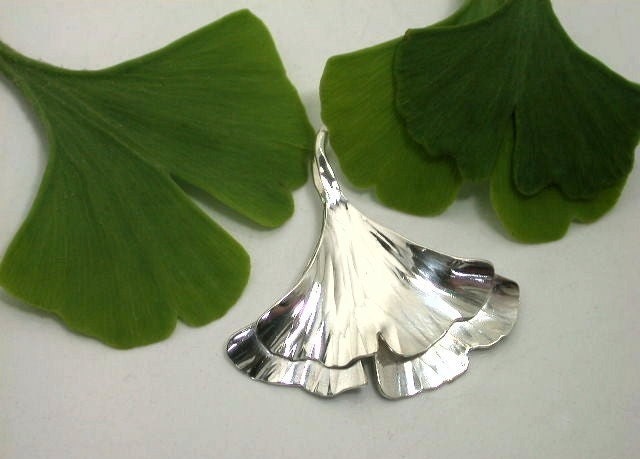 Ginkgo Leaf Pendant, Sterling silver, double leaf, 201ss