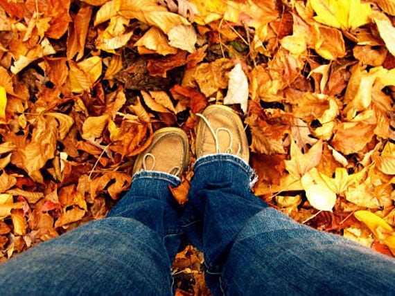 Fall Feet: a fine art nature self-portrait photograph of ground, legs, shoes, and fallen autumn leaves in orange, blue, and brown