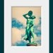 Cymbal Player: fine art photograph print of a green statue of a woman playing music against the blue sky with clouds (Indianapolis)