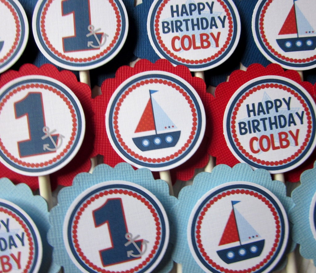 NEW- Anchors Away - Sailboat - Nautical Cupcake Toppers- Boy or Girl