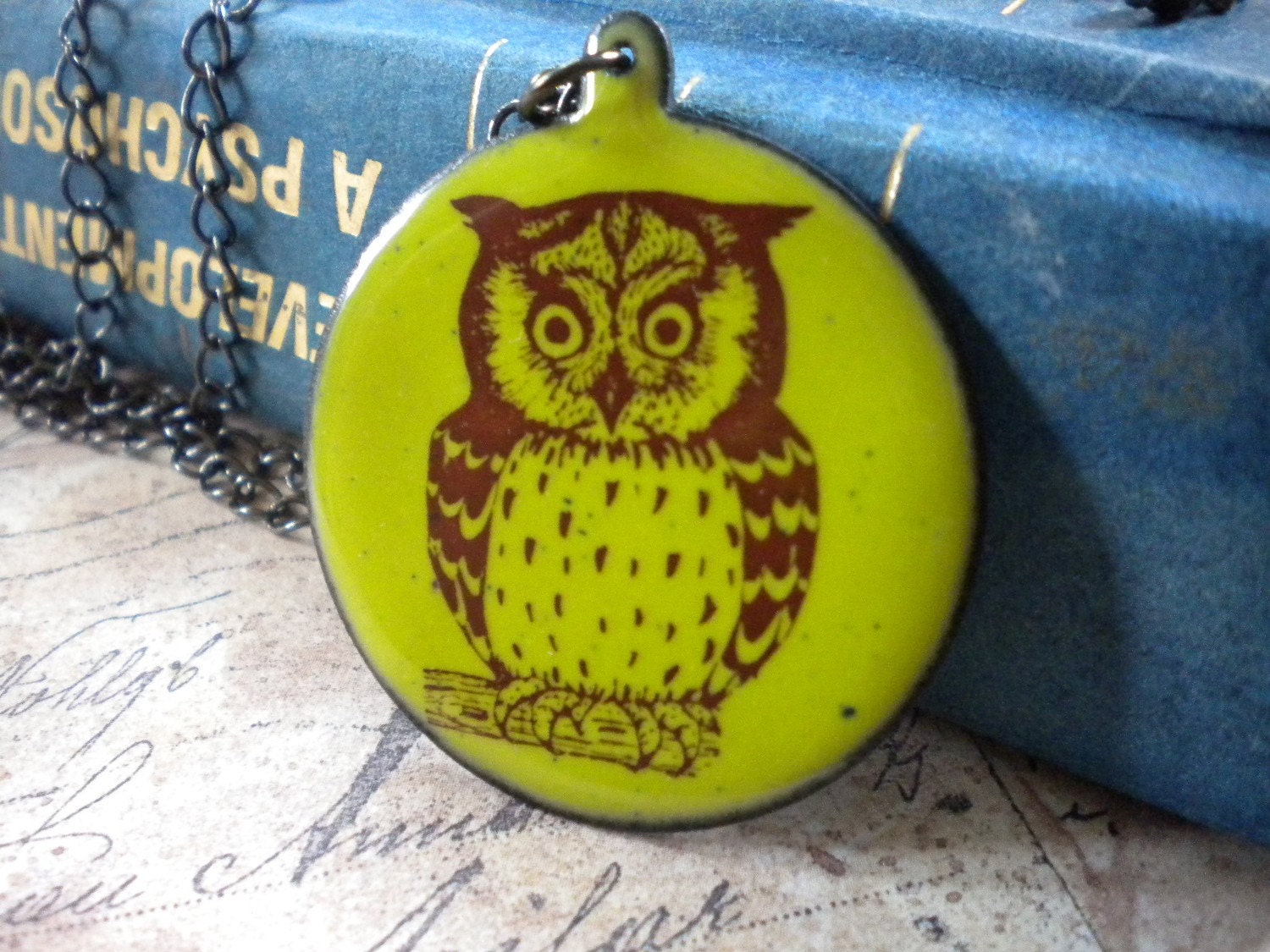 Chartruese Owl Enamel Pendant