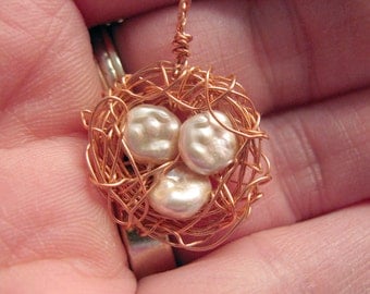Wire Birds Nest with Cultured Pearls - Handmade Pendant
