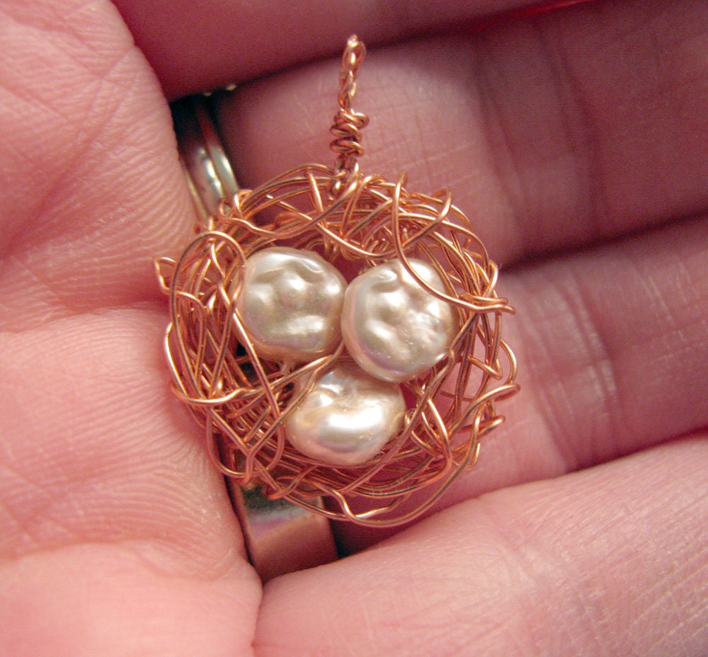 Wire Birds Nest with Cultured Pearls - Handmade Pendant