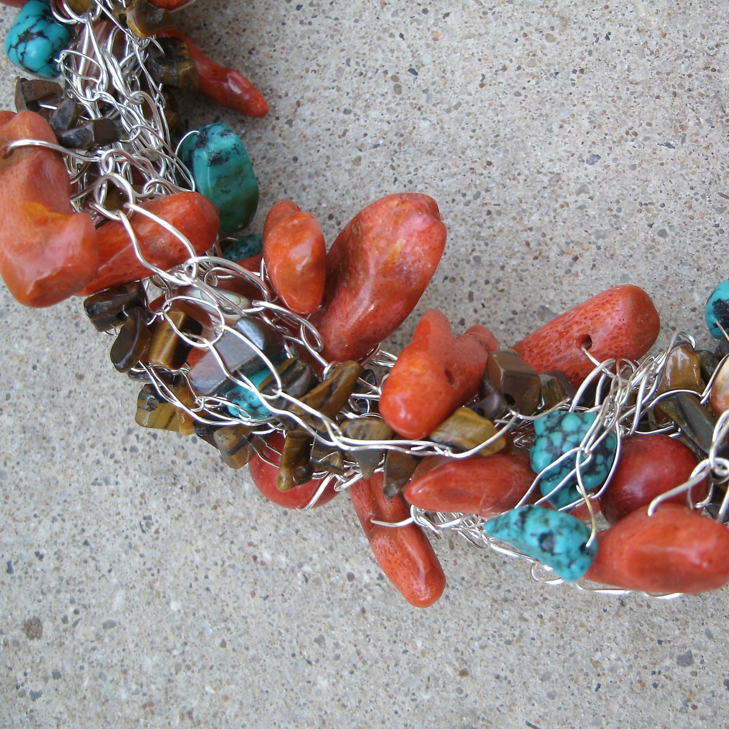 Turquoise Necklace with Red Coral, Chunky Necklace, Nature Jewelry - ORGANIC, Rustic Necklace
