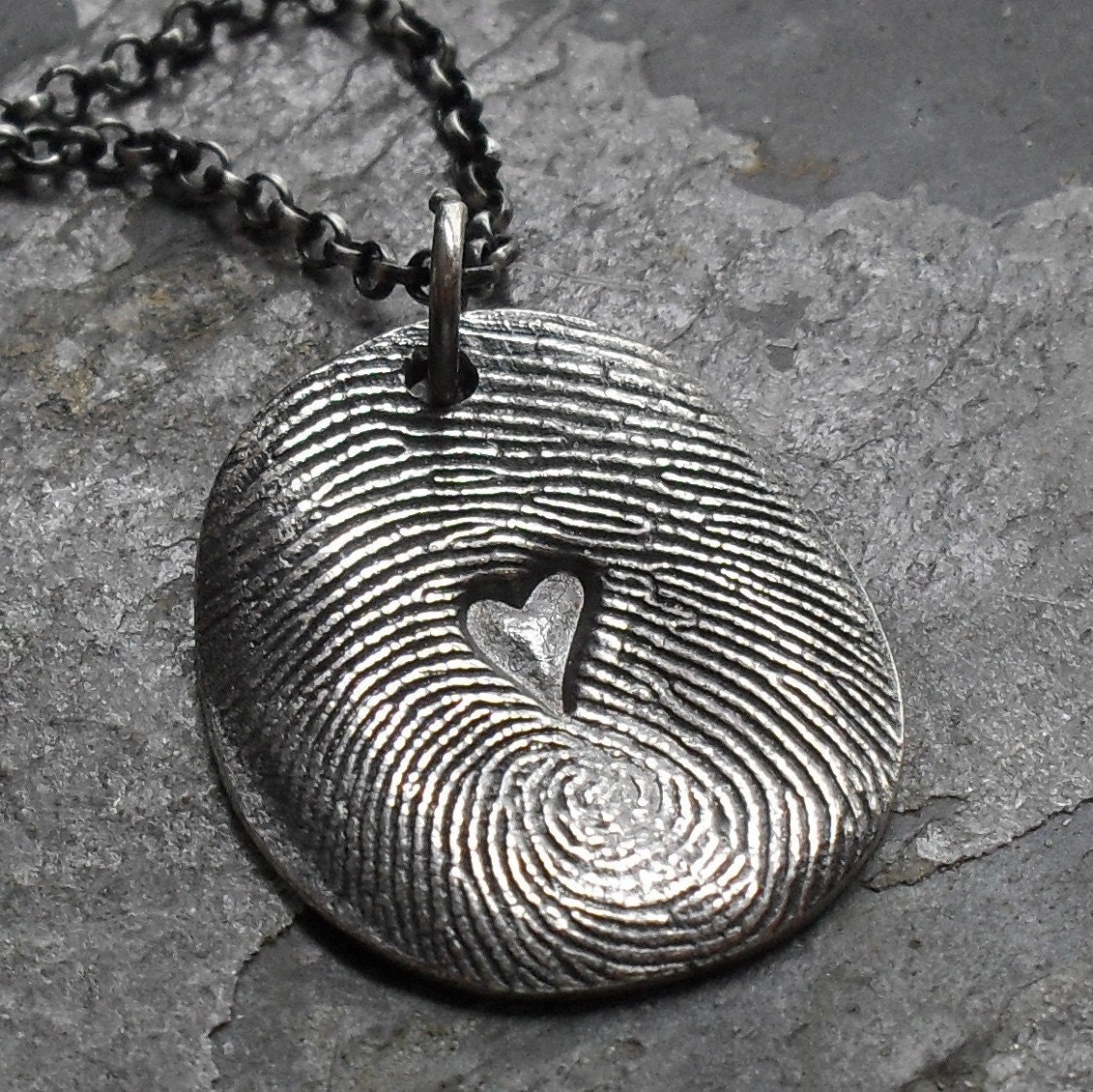 Fingerprint Necklace - Fine Silver Print Charm with Heart in Middle on Sterling Silver Rollo Chain