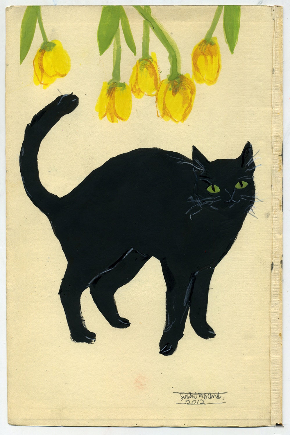 Black Cat Of My Blooming Tulips Original Drawing Cats Illustration Black Cat Art Cat Art