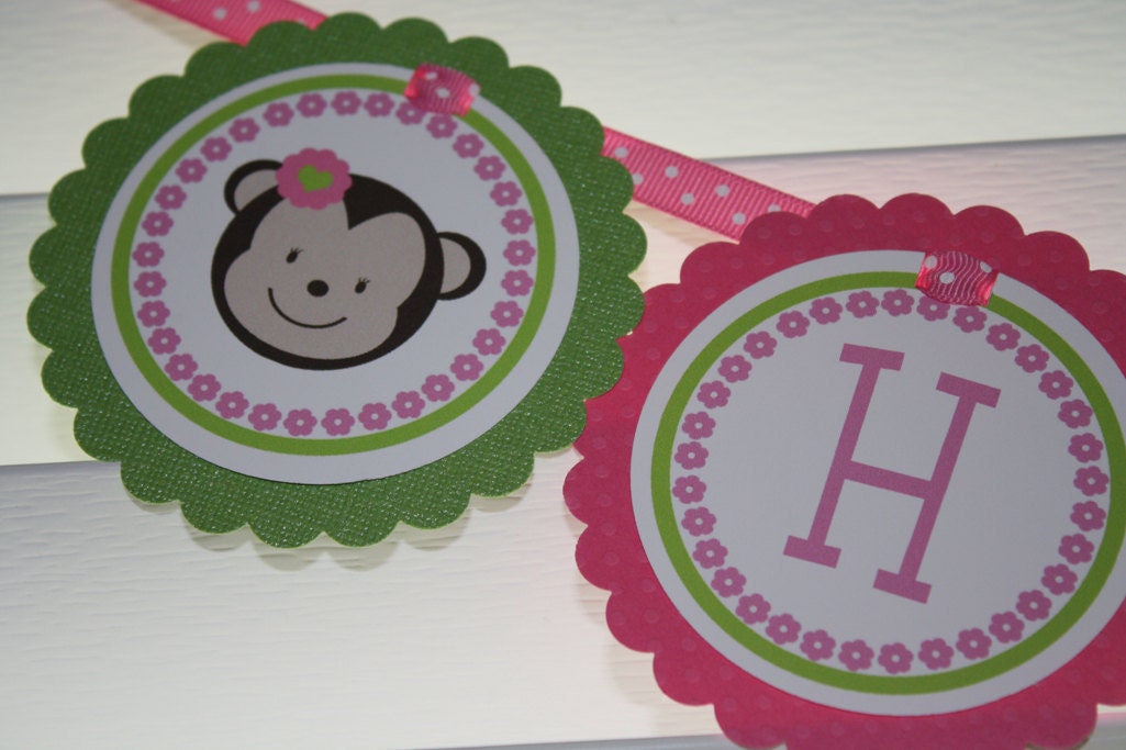 Lil Monkey Girl Mod Pink Green Birthday Banner - Any AGE, THEME, or COLOR Il_570xn