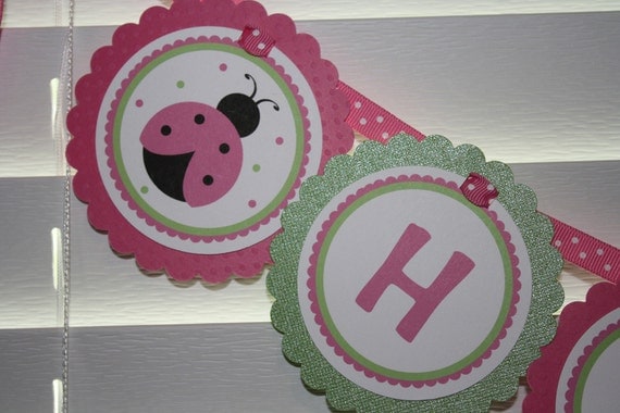 Sweet Ladybug Pink Green Birthday Banner - girl or boy - any color Il_570xn