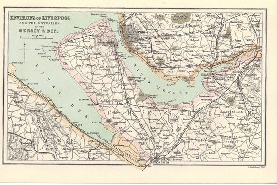 England Map liverpool 1886 Antique of the  the Liverpool and craft paper of shop  Estuaries Mersey