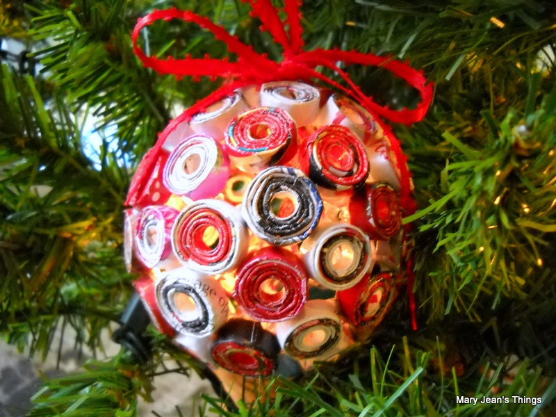 Red Paper Ball Upcycled from Christmas FAO Schwarz Toy Catalog OOAK