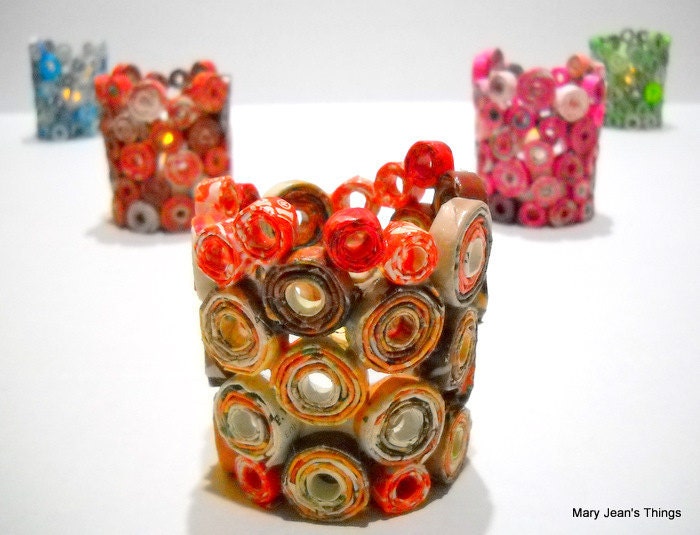 Orange Paper Flameless Candle Votive Upcycled from Magazines etc. OOAK