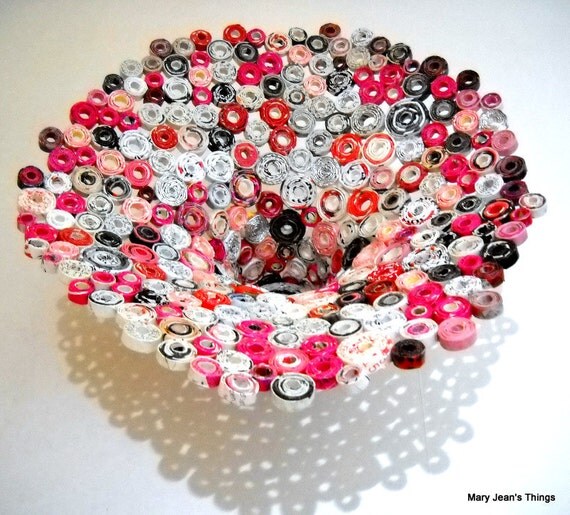 Pink, Red, Black, White & Silver Upcycled Bowl Sculpture made from Magazines, Candy Wrappers, Lottery Tickets