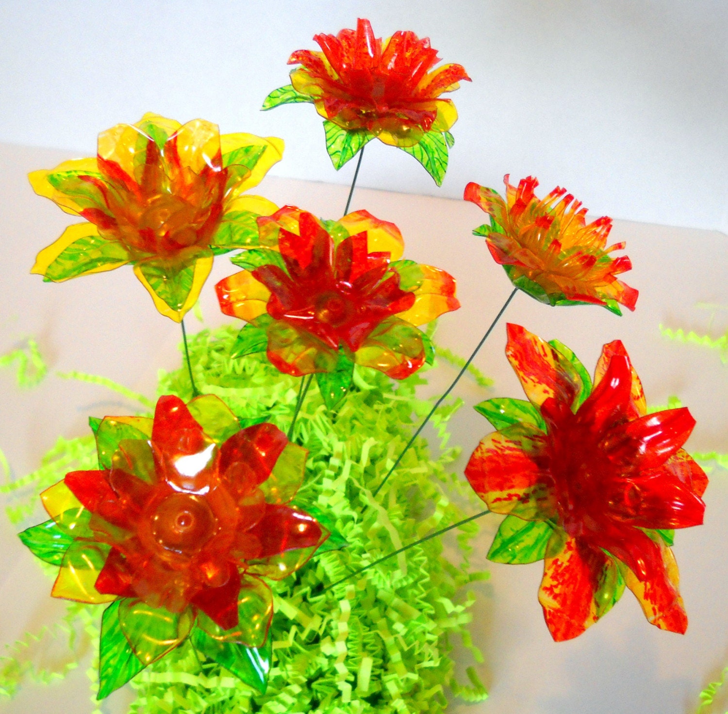 Half Dozen Yellow and Orange Flowers, Made of Recyclyed Water Bottles