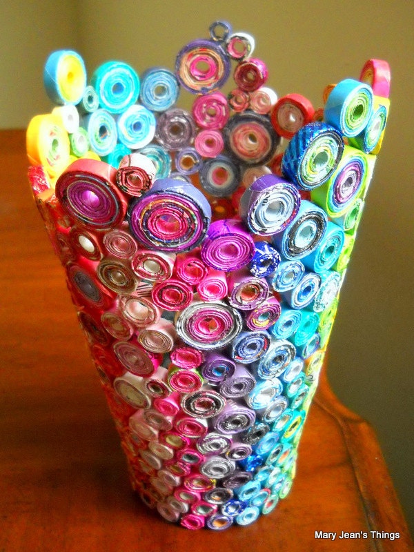 Upcycled Rainbow Vase Sculpture made from Magazines, Candy Wrappers, Catalogs & Coupon Circulars