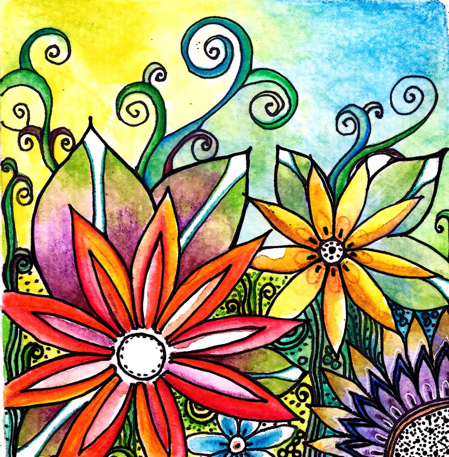 Original 5 x5 watercolor and ink The Garden flowers leaves,garden,floral,landscape,