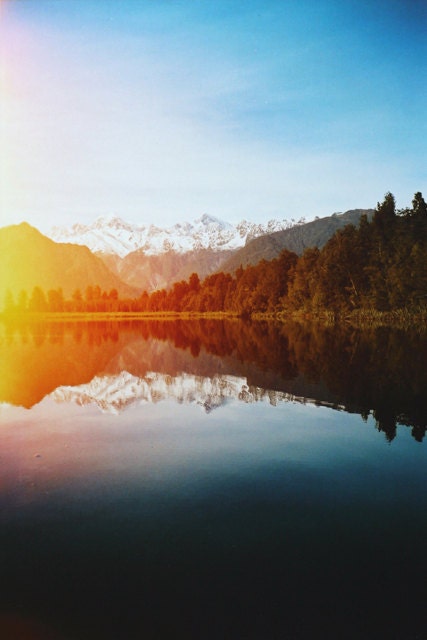 Lake Matheson (film) - approx 10x15cm glossy fine art photo print - landscape, lightleak, reflection, lake, New Zealand, fpoe