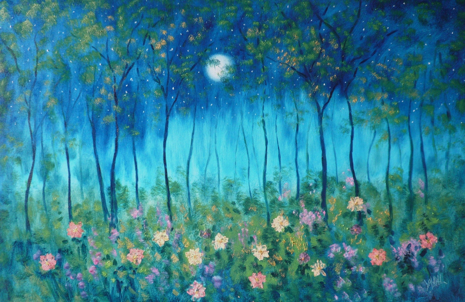 Looking for Spring large 12 x 18   FINE ART  PRINT-- Trees under blue moon  with  flowers-Vadal