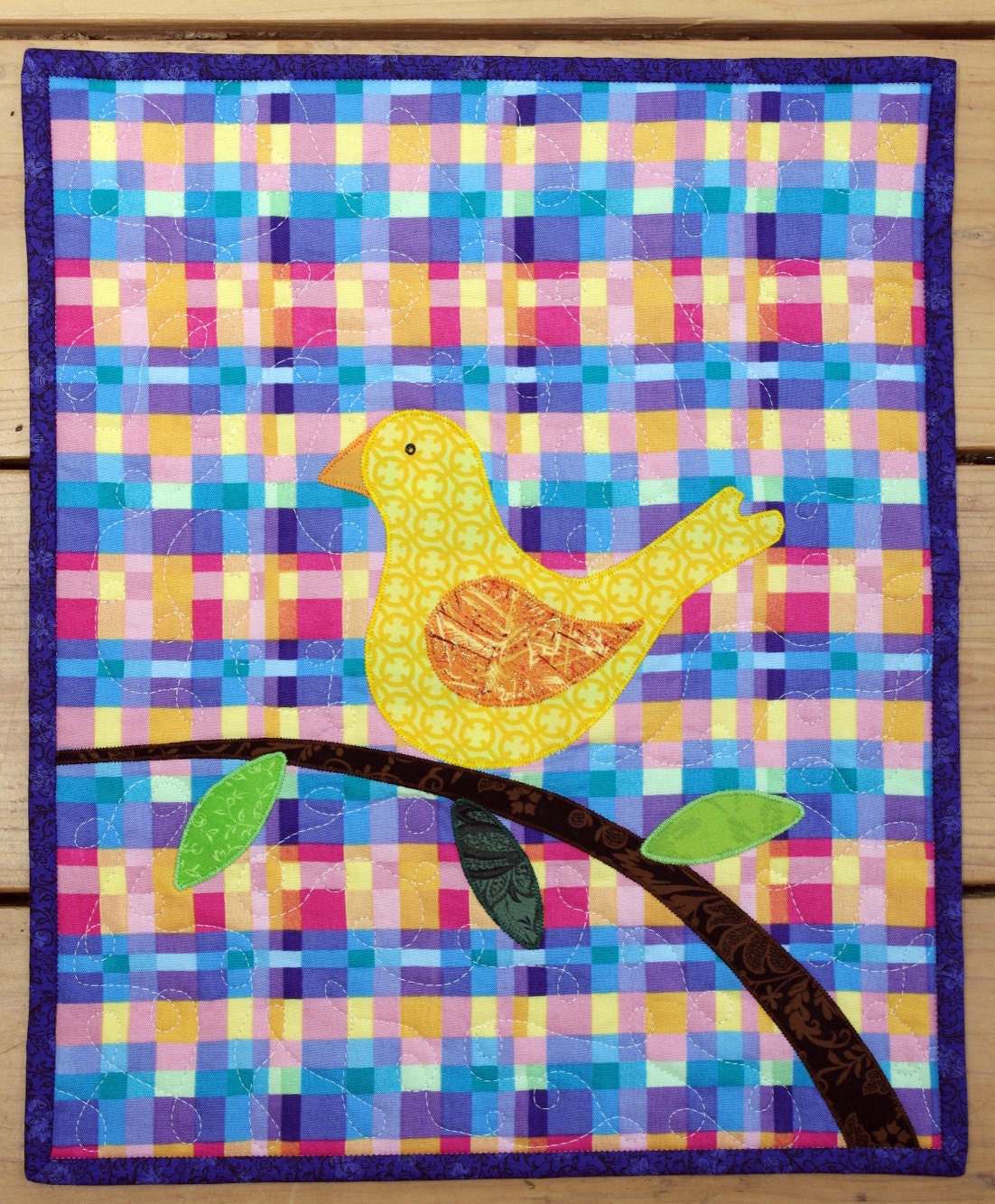 Art Quilt Wall Hanging, "Canary on a Branch" Gift under 40