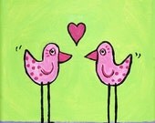 Pink birds with heart on lime green & purple background