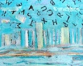 Aqua Mixed Media painting - City by the Sea
