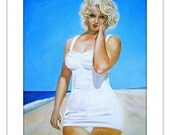 Marilyn Monroe - Large Original Acrylic Painting - 24 by 18 inches, sea, ocean, water, blue, sky, beach, summer, modern, 50s, 60s, art