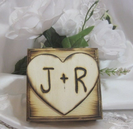 Rustic Wedding Ring Bearer Box Keepsake Woodburned Personalized Engraved Natural Pillow Alternative