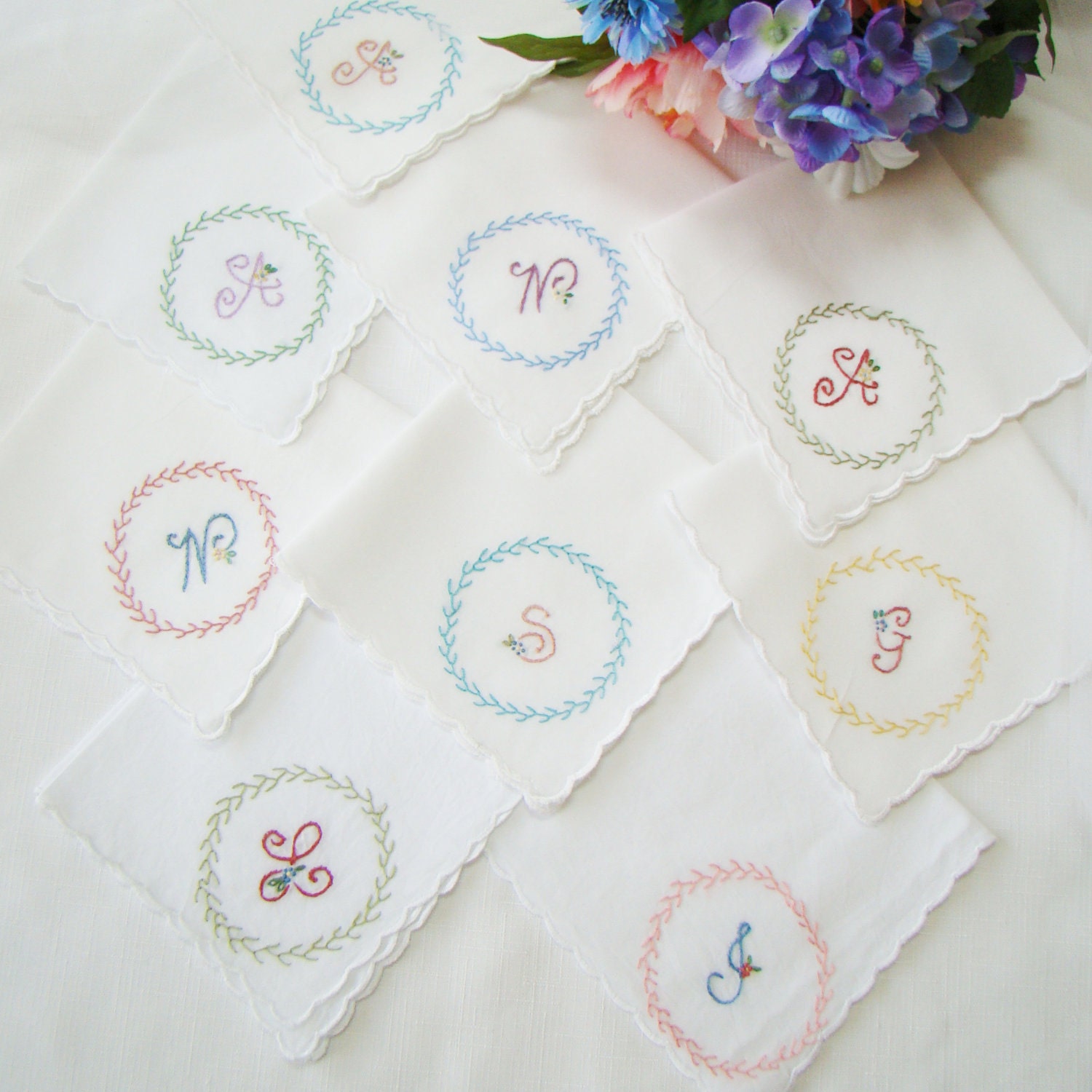 Bridal Favor Handkerchiefs (Monogrammed)  Handkerchief - Hand Embroidered Vintage Style