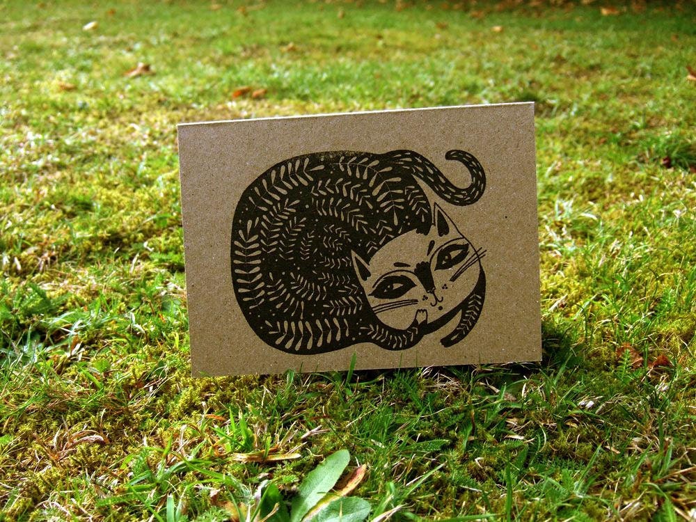 Leafy Cat - Gocco Greeting Card (brown)