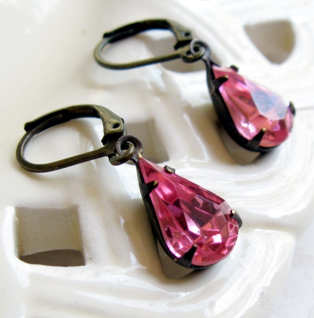 October Birthstone Pink Rhinestone Glass Jeweled Earrings Shabby Chic Cottage Style Mothers Day Outdoor Wedding Garden
