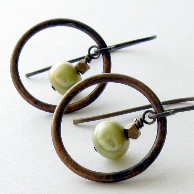 Pale Green Pearls and Brass Circle Earrings