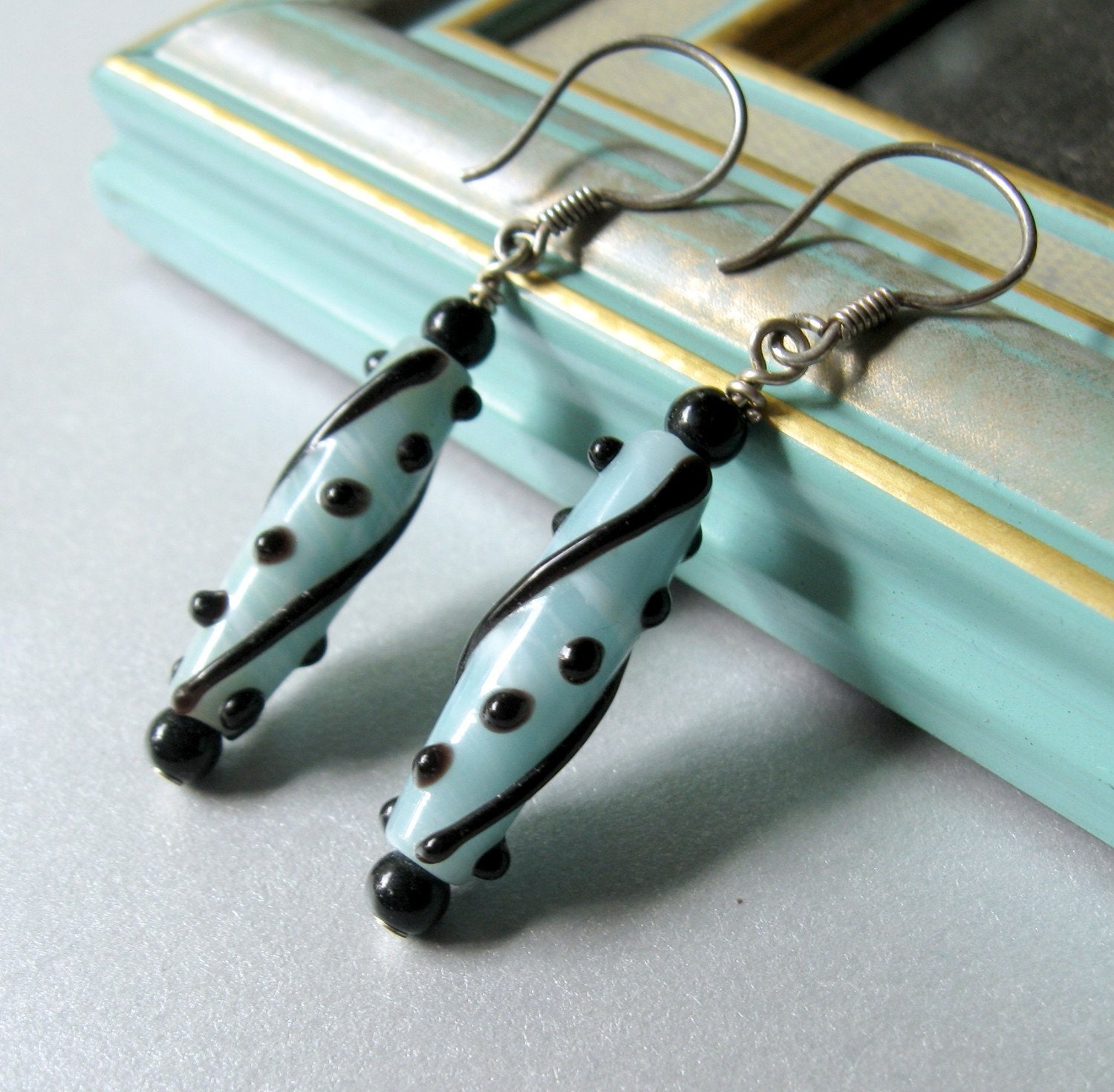 Teal and Black Linear Sterling Silver Earrings  Cottage Style Shabby Chic Mothers Day Outdoor Wedding Garden
